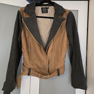 Dear Creatures two-tone moto jacket in tan wool and charcoal sleeves.